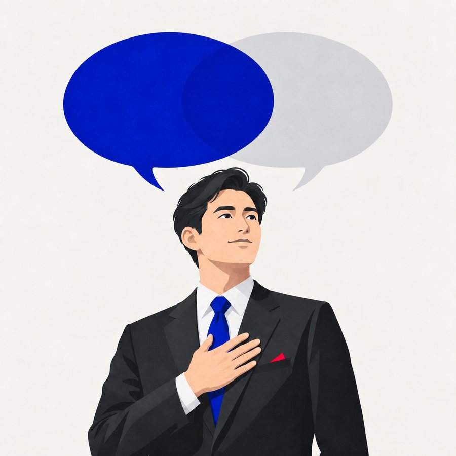 社長の本音と経歴が重なるイラスト