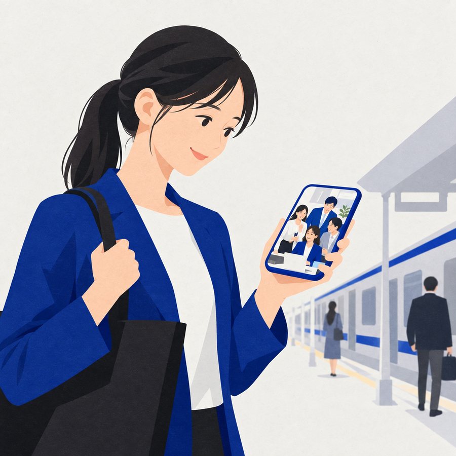 スマホで会社の動画を見て微笑む求職者のイラスト
