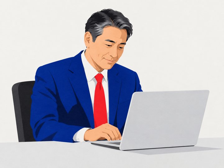 オフィスでパソコンの動画を見る経営者のイラスト