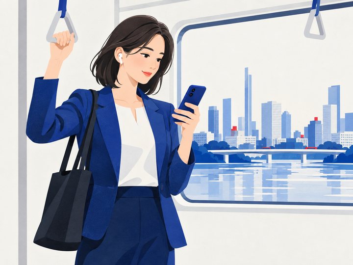 通勤電車でスマホの動画を見る会社員のイラスト