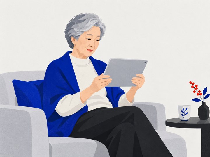 自宅でタブレットの動画を見る高齢の女性のイラスト