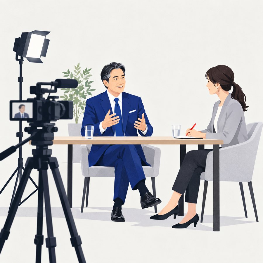 社長と聞き手が対談形式で撮影しているイラスト