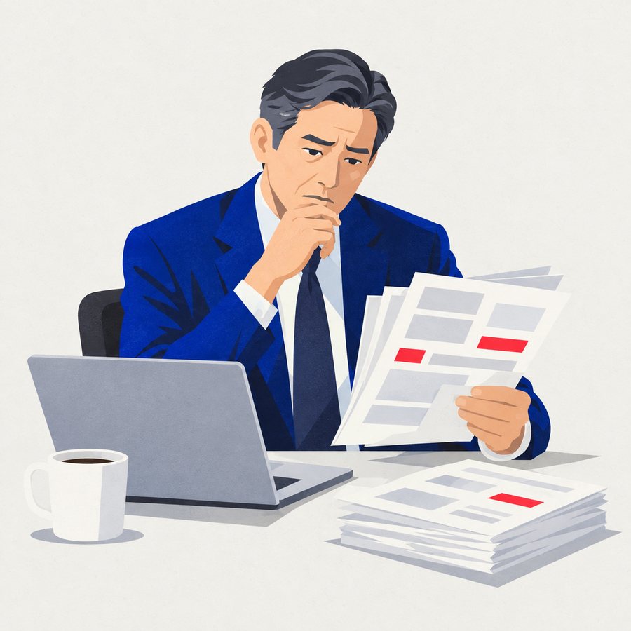 広告費の請求書を見て考え込む社長のイラスト